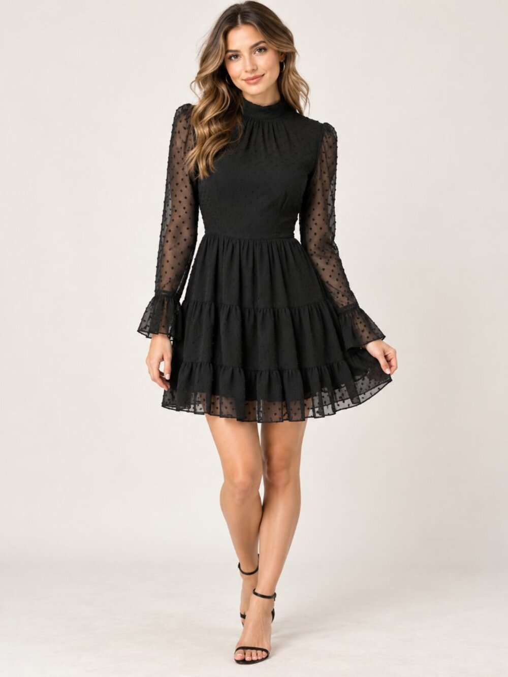 MISS ORD Sheer Swiss Dot Chiffon Tiered Mini Dress XS Ruffle Sleeve Black